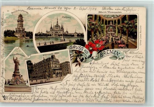 28195 W2800 Bremen 1900 Lithographie Aussichtsturm Parkhaus Ahlborns Wintergarten Innenaufnahme Wilhadibrunnen Hillmanns Hotel Mehrfachaufnahme