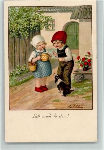 August Rökl Nr. 1448 - Laß mich kosten - Mädchen mit Milchkanne und Brotkorb