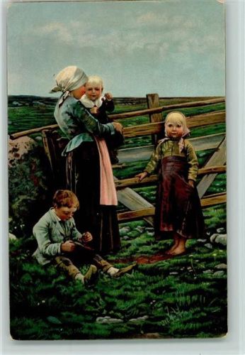 29244 Gemälde von Salmson, Bäuerin mit ihren Kindern essen Kirschen