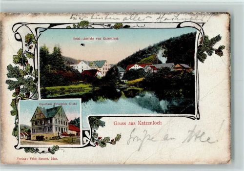 55758 W6581 Katzenloch 1912 Gebrauchsspuren Gasthaus Friedrich Diehl, Tannenzapfen - Jugendstil - Knick