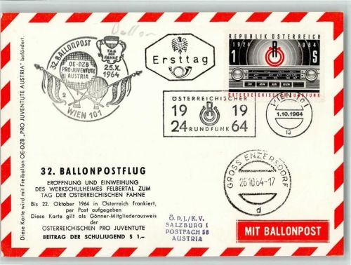 Mit Freiballon OE-DZB - Ballonpost - Stempel 32. Ballonpost 1964 Wien - Tag der Österr. Fahne Ballon
