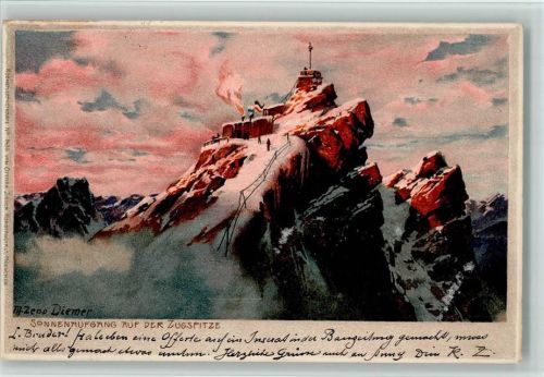 Sonnenaufgang auf der Zugspitze - Künstlerkarte Ottmar Zieher 1439 AK Gute Erhaltung Diemer, Z. 1902 Lithographie / Künstlerkarte