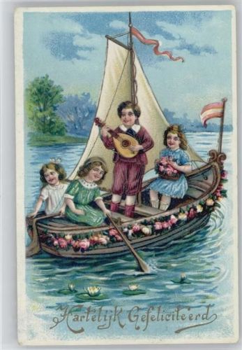 Hartelijk Gefeliciteerd - Kinder in einem Segelboot mit Rosengirlande, Junge spielt die Laute, Seerosen