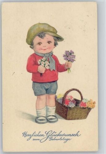 1929 kleiner Junge mit Mütze und Blumenkorb