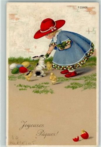 Verlag M. Munk 848 -Ostern, Joyeuses Paques - Hase, Küken AK Ebner, Pauli Gebrauchsspuren