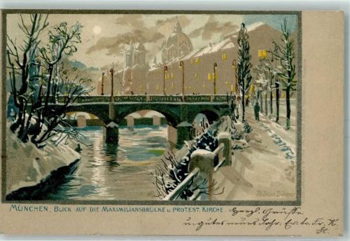 München 1898 Blick auf die Maximiliansbrücke und Protest. Kirche Winter