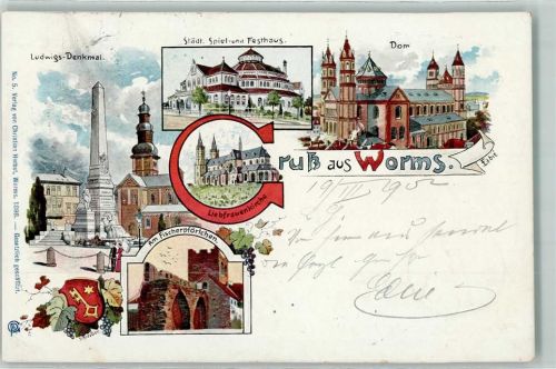 Worms 1902 Ludwigs Denkmal Städt. Spiel- u. Festhaus Dom am Fischerpförtchen