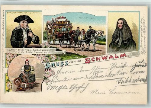 Gruss aus - von der Schwalm - Kammerwagen, Spinnerin Trachten Schwälmer 1897 Lithographie