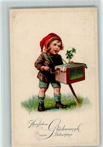 Geburtstag - Mädchen mit Kleeblättern AK Drehorgel 1914