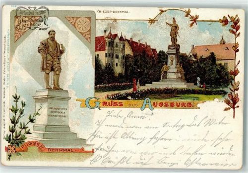 86150 W8900 Augsburg , Bay 1904 Lithographie Fugger-Denkmal Kriegerdenkmal Werbung Deutschland Fahrräder
