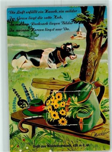 69429 W6935 Waldkatzenbach AK mit Leporello Kuh Rucksack Spazierstock Blumen sign Marker Künstlerkarte