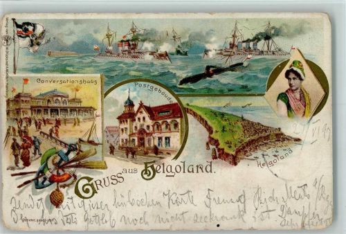Helgoland Gruss aus - Lithographie, Postamt, Conversationshaus, Kriegsschiffe