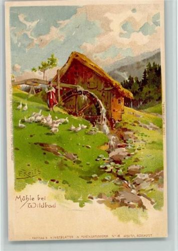 W7547 Bad Wildbad im Schwarzwald Verlag Freytag Nr. 16 - Wassermühle , Gänseliesl, sehr gute Erhaltung AK Reiss Fritz 1898 Lithographie