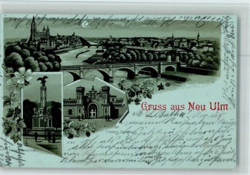 89231 W7910 Neu-Ulm 1898 Lithographie / Mondschein Gruss aus - Kriegerdenkmal , Portal der Friedenskaserne