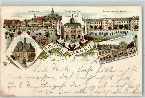 Hanau 1896 Marktpltz Frankfurter Tor Kaserne mit Paradeplatz Französ. Kirche Wilhelmsbad Bahnpost Eisenach - Frankfurt Main Zug 22