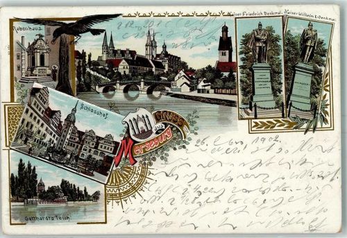 06217 O4200 Merseburg 1902 Lithographie Rabenhaus Kaiser Friedrich-Denkmal Kaiser Wilhelm I.-Denkmal Schlosshof Gotthardts Teich Bahnpost Berlin - Eisenach Zug 8