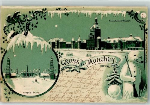 München Neues National-Museum Luitpold-Brücke Schneemann Winter