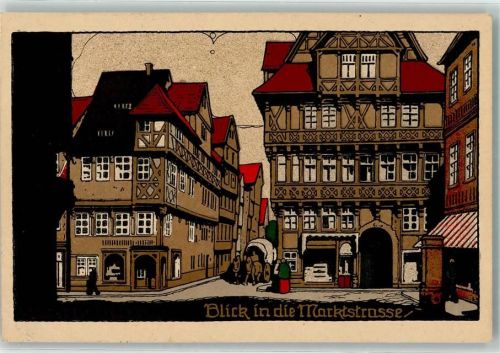 Hann Münden Blick in die Marktstraße Fuhrwerk Künstlersteinzeichnung