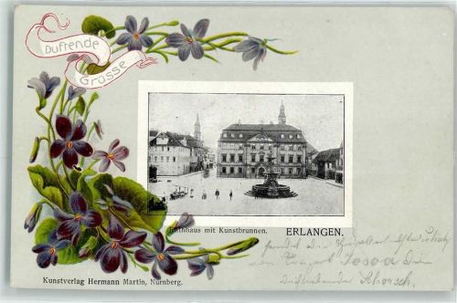 Erlangen 1903 Rathaus Kunstbrunnen Duftende Grüße