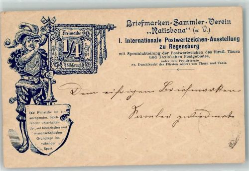 Regensburg Briefmarken-Sammler-Verein Ratisbona 1. Internat. Postwertzeichen-Ausstellung Briefmarkenabbildung