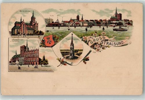 18435 O2300 Stralsund Gebrauchsspuren Marienkirche Kriegerdenkmal Nicolaikirche Rathaus Wappen Lithographie