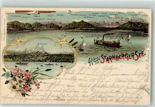 82319 W8130 Starnberg 1901 - Starnberger See Karwendel-Gebirge Wetterstein-Gebirge Auf Kirchen Ausflugsdampfer Bavaria