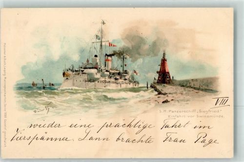 Swinemünde Swinoujscie 1898 Künstlerkarte S.M. Panzerschiff Siegfried Leuchtfeuer sign.