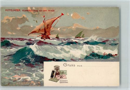 Werbung : Hauswaldt Spezialitäten - Mittelmeer, Küstenfahrzeug - sehr gute Erhaltung AK Stöwer, W. 19012 Lithographie