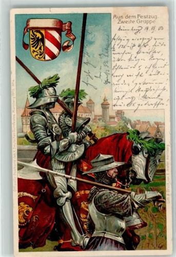 Nürnberg X. Deutsches Turnfest 1903 Off. Postkarte Nr 4 Das Turnerbanner im Festzug aus dem Festzug Zweite Gruppe Rüstung Wappen Lithographie
