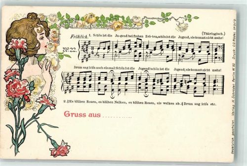 Liederkarte Schön ist die Jugend Rosen Nelken Frau Nr 22 Lithographie