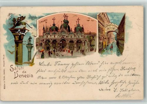Venezia 1898 Geflügelter Markuslöwe Säule San Marco Kanal