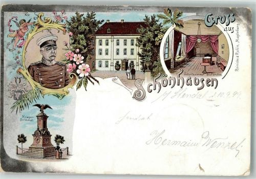 Schönhausen 1899 Lithographie Bismarck Geburtshaus d. Fürsten Kriegerdenkmal