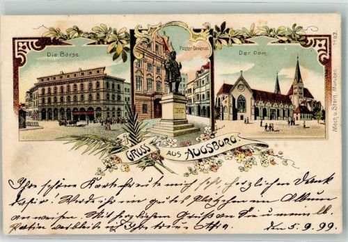 86150 W8900 Augsburg , Bay 1899 Lithographie Denkmal Fugger Dom Börse