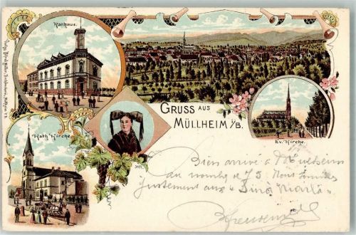 Müllheim 1898 Marktplatz Rathaus Tracht Markgräflerin Ev. Kirche Kath. Kirche