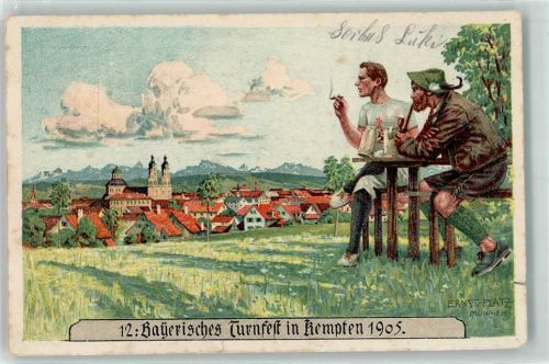 Kempten 12. Bayerisches Turnfest 1905 Bierkrug Pfeife rauchen sign Ernst Platz Künstlerkarte