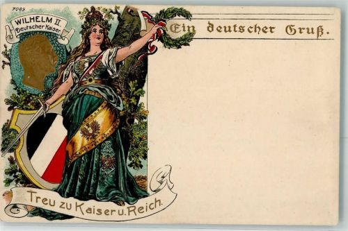Ein deutscher Gruß Kaiser Wilhelm II Germania AK Verlag Bruno Bürger u. Ottillie Patriotik 1915 Prägedruck