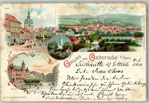 37520 W3360 Osterode am Harz 1900 Gebrauchsspuren Postamt Marktplatz Burg Ruine Lithographie Bahnpost Gittelde