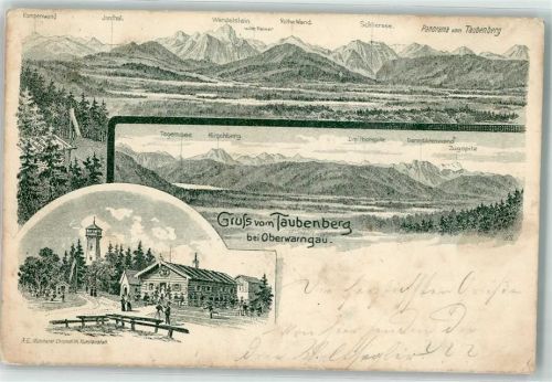 Warngau 1897 Oberwarngau Taubenberg Aussichtsturm Gasthaus Hüttenstempel Lithographie