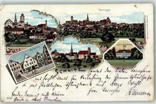 Schlitz Lithographie Vorläufer Druck 1890-1895 Hinterburg Marktplatz Burgen Schloss Hallenburg