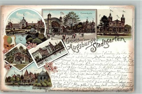 Augsburg 1899 Augsburger Stadtgarten Kunsthistorisches Gebäude Konzerthalle Cafehaus Forsthaus Stadtwappen