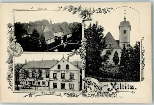 01665 O8251 Miltitz b Meißen, Sachs - Schloss Kirche Gasthof Miltitz von Paul Lindner