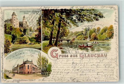 Glauchau 1901 Schloss Hinter-Glauchau Geschäftshaus O.B. & Co Gründelteich Ruderboot