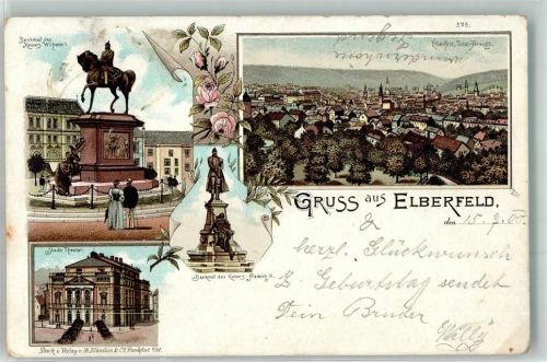 Elberfeld 1900 Lithographie Denkmal Kaiser Wilhelm I. Stadt Theater