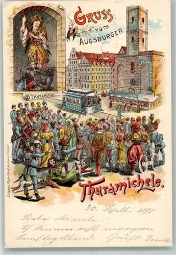 86150 W8900 Augsburg , Bay 1908 Lithographie Thuramichel Straßenbahn Marktszene