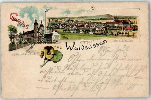 95652 W8595 Waldsassen Lithographie Kirche Pfarrhaus Stiefmütterchen