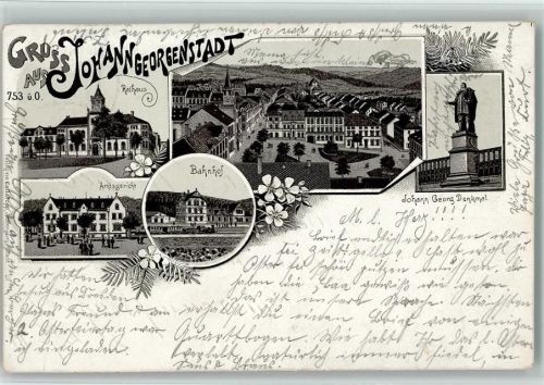 08349 O9438 Johanngeorgenstadt 1896 Lithographie Rathaus Amtsgericht Bahnhof Gesamtansicht Johann Georg-Denkmal