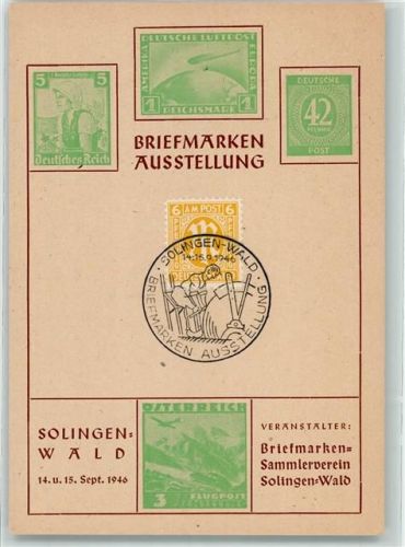 W5650 Wald Briefmarken Ausstellung September 1946 Briefmarkenabbildungen Sonderstempel Privatganzsache