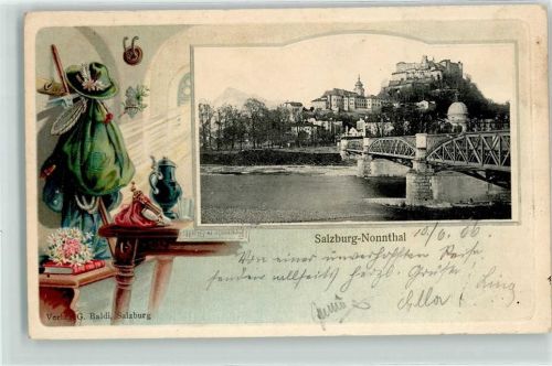Salzburg 1906 Nonnthal Burg Gemsgeweih Wanderausrüstung Pfeife Lithographie