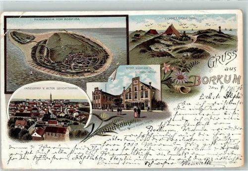 Borkum 1896 Vogelperspektive Vogelkolonie Gebr. Köhlers Strandhotel Inseldorf v. Alten Leuchtturm Lithographie