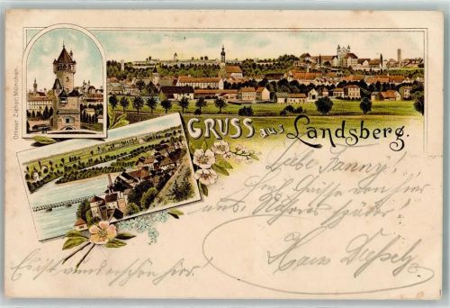 86899 W8910 Landsberg a. Lech 1896 Lithographie Mutterturm Kirche Brücke Blumen Gruss